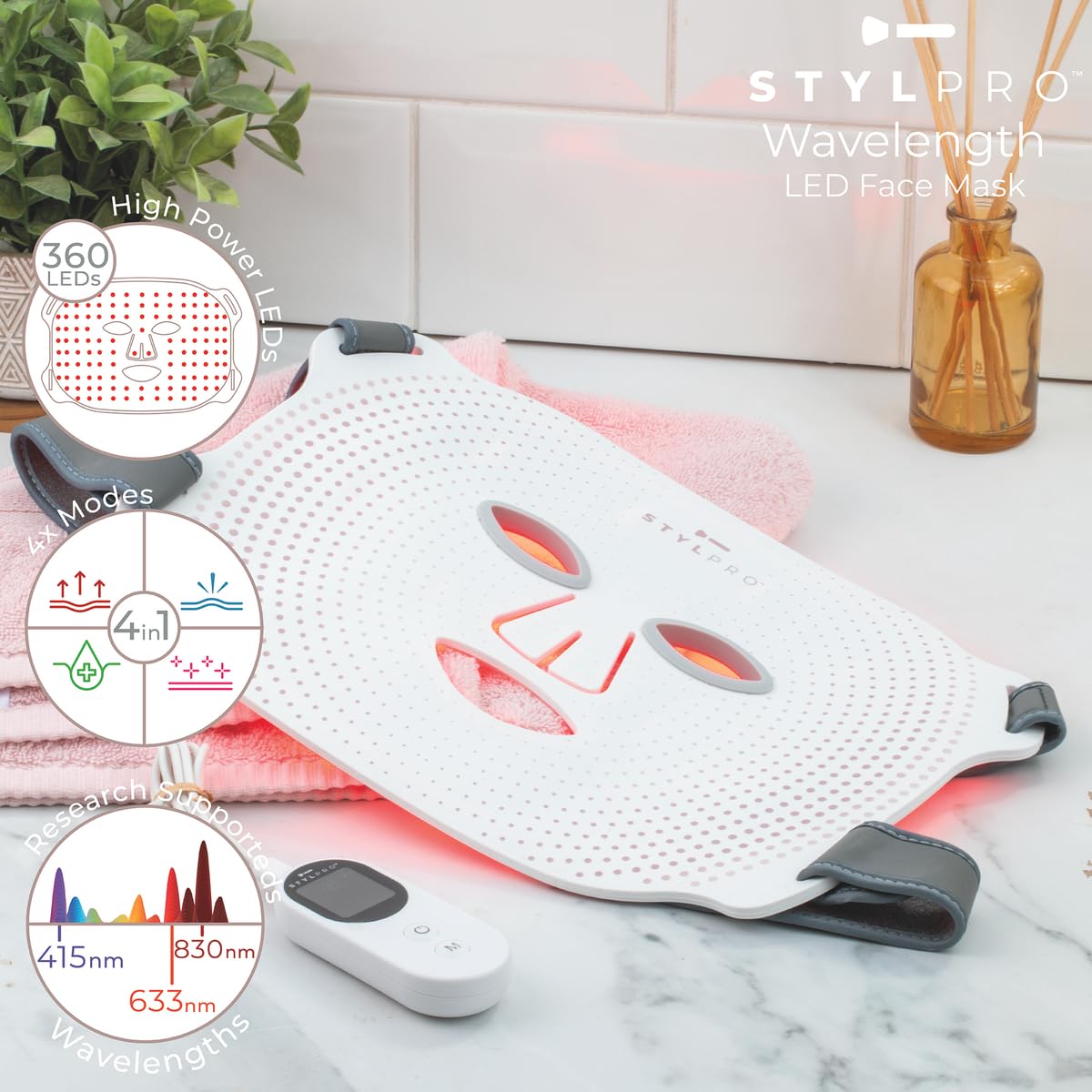 STYPRO Wavelength LED Face Mask - Multi-Mode Skincare with Red, Blue, Near-Infrared Light for Wrinkles, Blemishes - Flexible, Rechargeable, User-Friendly, Designed in UK, Professional-Grade