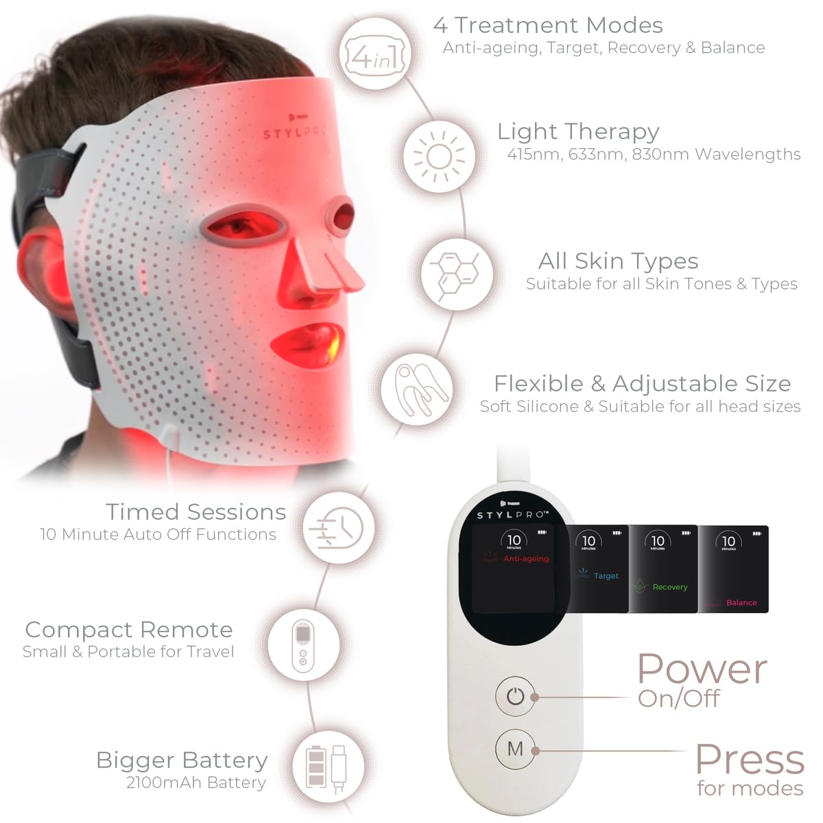 STYPRO Wavelength LED Face Mask - Multi-Mode Skincare with Red, Blue, Near-Infrared Light for Wrinkles, Blemishes - Flexible, Rechargeable, User-Friendly, Designed in UK, Professional-Grade