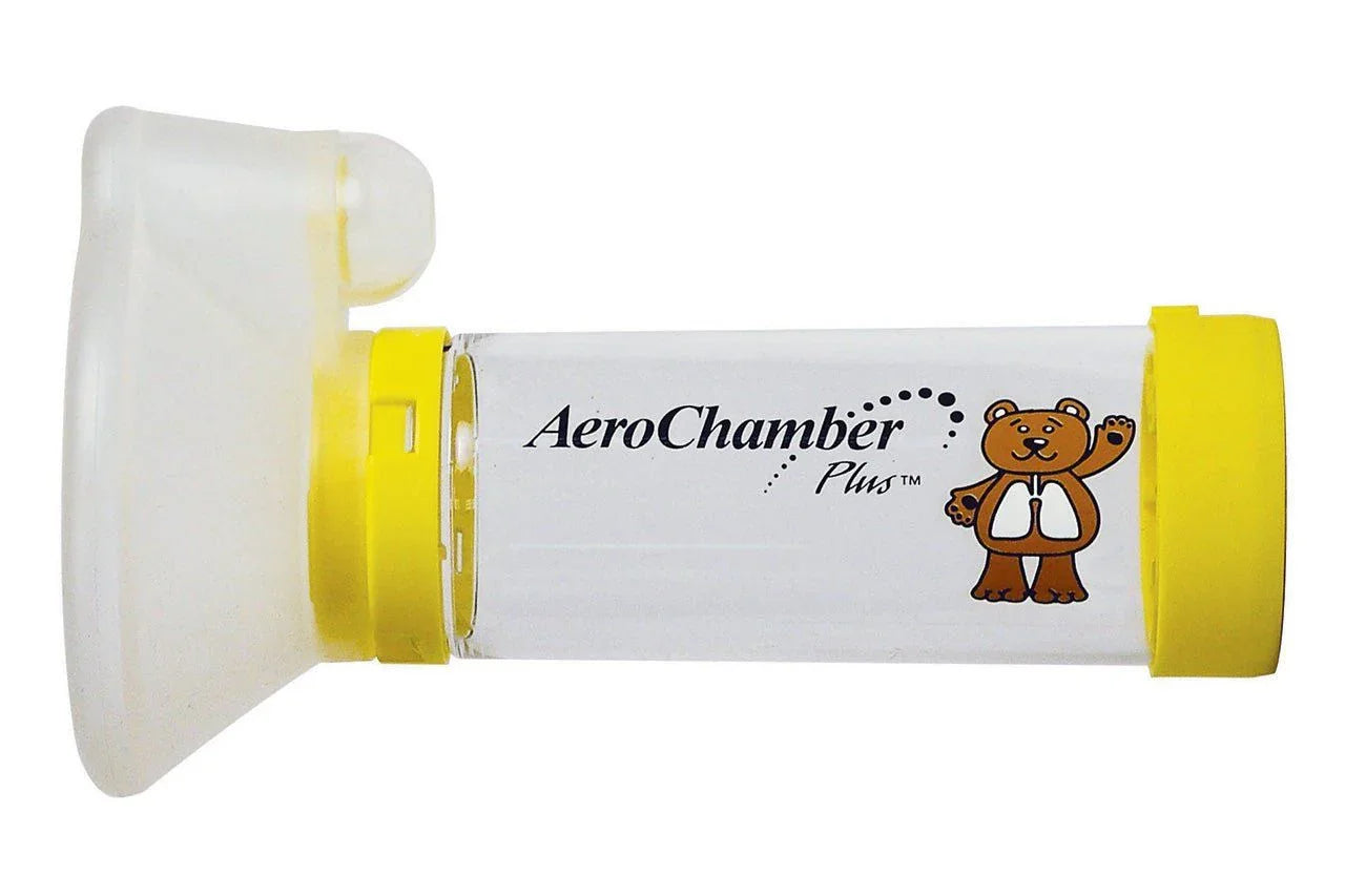 Aerochamber Plus spacer device, Child, Meduim, Yellow,with face mask, Latex free - AeroChamber Plus EasyMeds Pharmacy