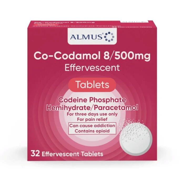 Box of Almus Co-Codamol 8/500mg Effervescent Tablets on a white background