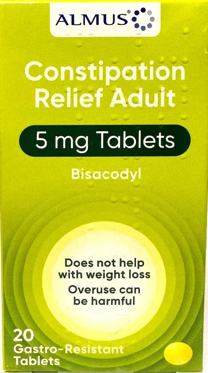 Almus Bisacodyl 5mg Constipation Relief Gastro-Resistant Tablets - Pack of 20 - Dulcolax EasyMeds Pharmacy