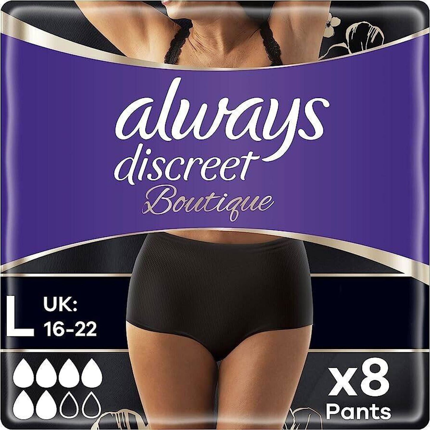 Always Discreet Boutique, Incontinence Underwear Black Large x8 - Always EasyMeds Pharmacy
