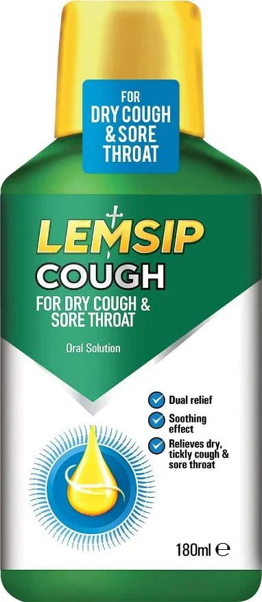 Lemsip Dry Cough & Sore Throat Oral Solution 180ml - Reckitt Benckiser EasyMeds Pharmacy