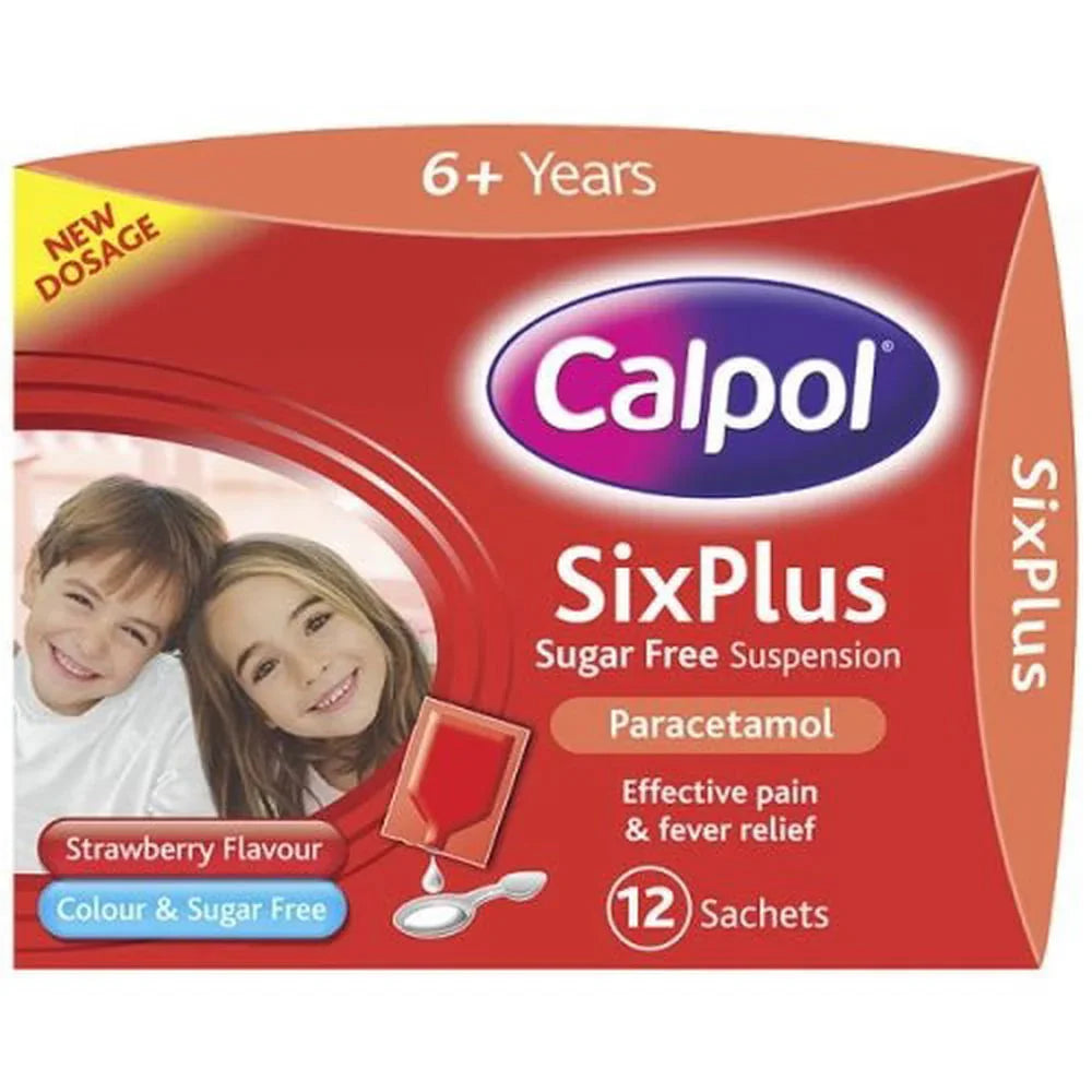 Calpol Six Plus Sugar Free Strawberry Flavour Suspension 12 Sachets 5ml (Max 2/Order) - Johnson & Johnson EasyMeds Pharmacy