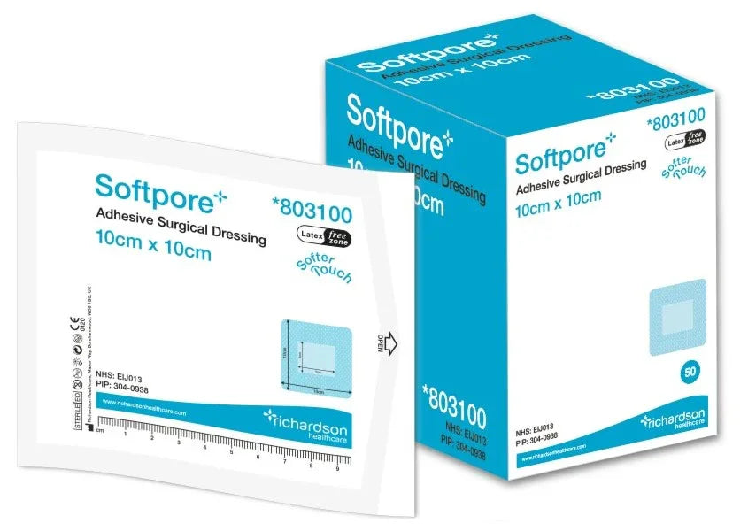 Softpore Dressings 10cm x 10cm x 50 | Wounds Ulcers | Adhesive | 803100 - Richardsons Healthcare EasyMeds Pharmacy