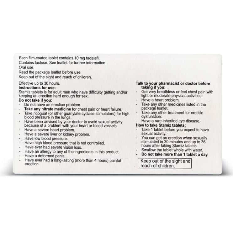 Stamiz 10mg Tablets x 4 (Tadalafil - Generic Cialis)