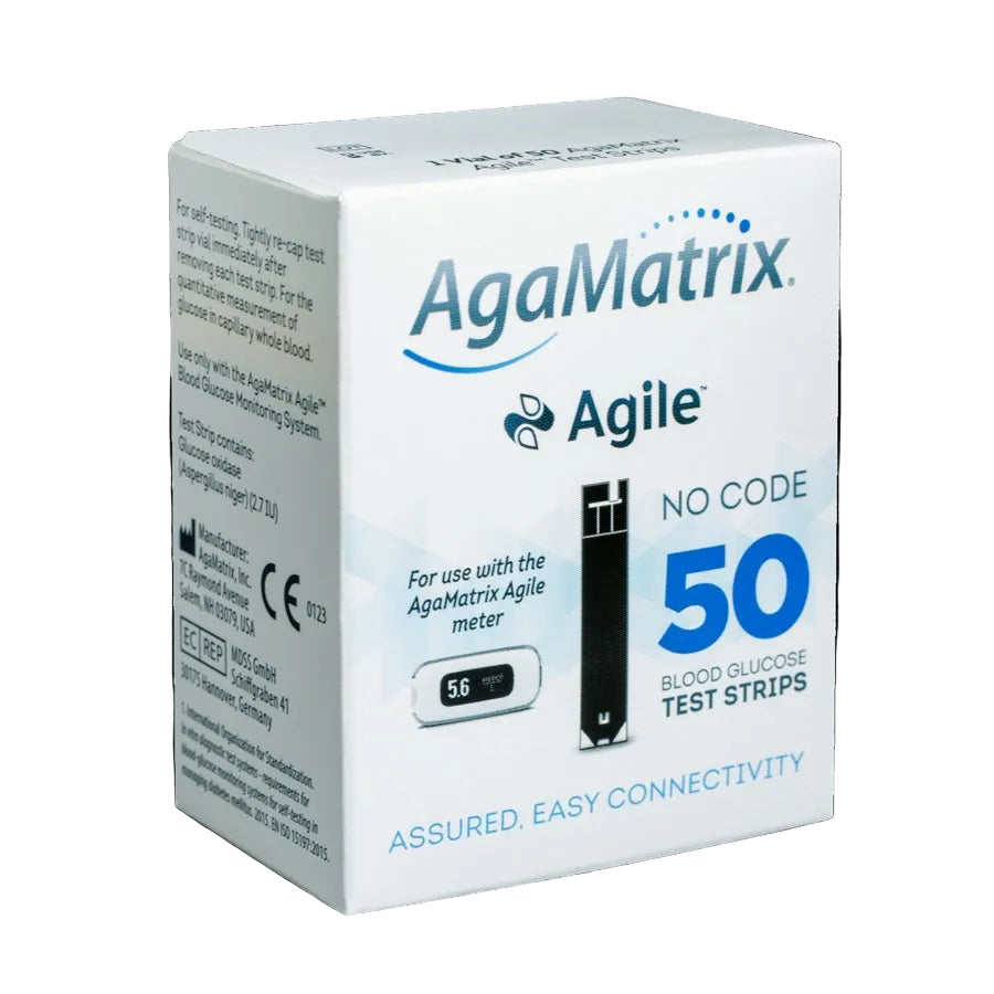 AgaMatrix Agile blood glucose test strips, box of 50, manufacturer packaging