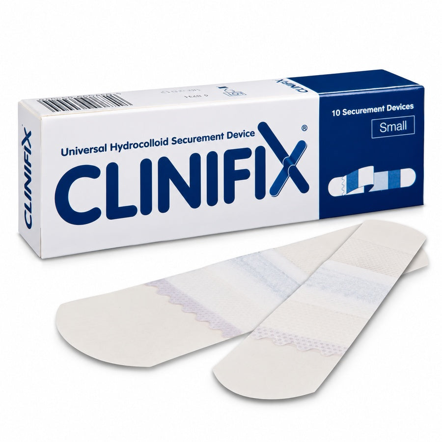 CliniFix small hydrocolloid securement device, 10 pack, illustrative product presentation