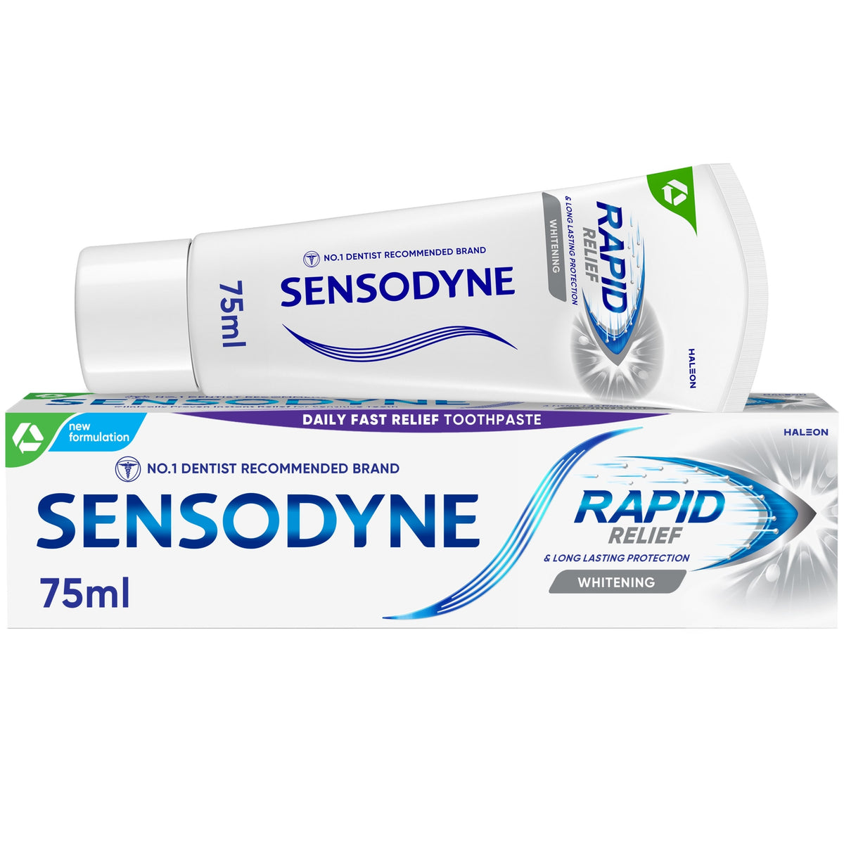 Sensodyne Rapid Relief Whitening toothpaste 75ml tube and carton