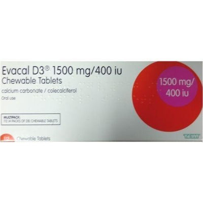 Evacal D3 1500mg/400iu Chewable Tablets x 112 | Calcium/Vitamin D Supplement -   Teva EasyMeds Pharmacy