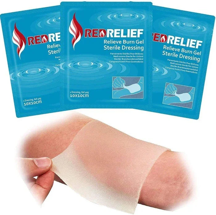 Pack of 5 RedRelief Emergency Hydrogel Burn Dressing 10cm x 10cm |Cools, soothes and relieves pain - JFA Medical EasyMeds Pharmacy