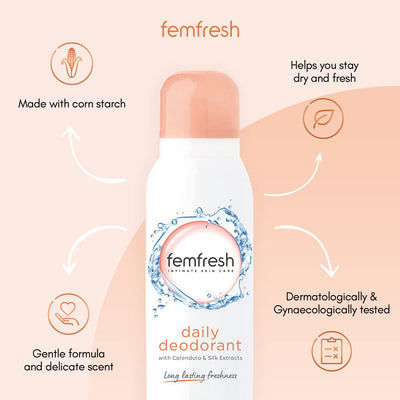 Femfresh Daily Freshness Intimate Deodorant - Gentle Vaginal Odour Protection Spray for Women for Long Lasting Freshness - Hypoallergenic Scent, Safe Ultimate Skin Care for a Fresh Feeling - 125 ml