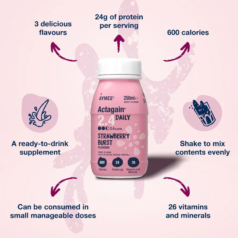 Aymes Actagain 2.4 Daily High Energy Nutritional Drink, Strawberry Burst 12 x 250ml