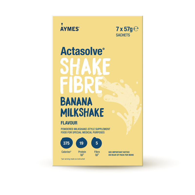 AYMES Shake Fibre Banana Milkshake high protein nutrition shake powder 7x57g sachets on white background