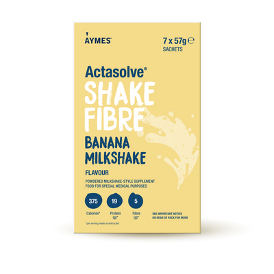 AYMES Shake Fibre Banana Milkshake high protein nutrition shake powder 7x57g sachets on white background