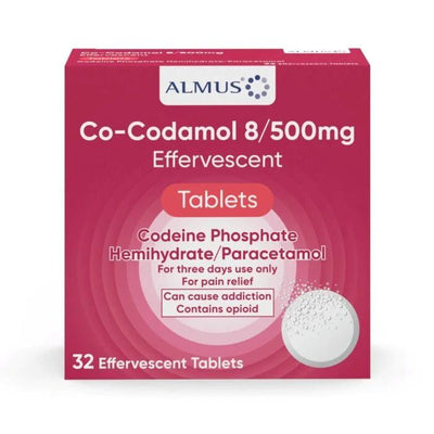 Box of Almus Co-Codamol 8/500mg Effervescent Tablets on a white background