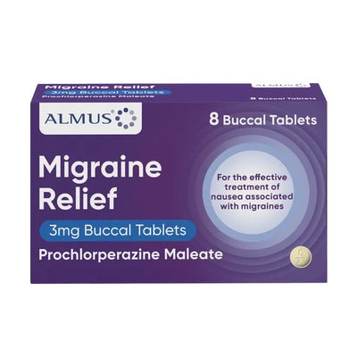 Almus Migraine Relief 3mg Buccal Tablets for Nausea (Buccastem Alternative) Pack of 8