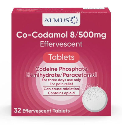 Box of Almus Co-Codamol 8/500mg Effervescent Tablets on a white background