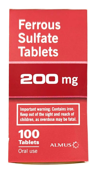 ALMUS Ferrous Sulphate 200mg Iron Tablets Pack of 100