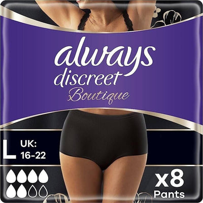 Always Discreet Boutique, Incontinence Underwear Black Large x8 x3 Packs -   Always EasyMeds Pharmacy
