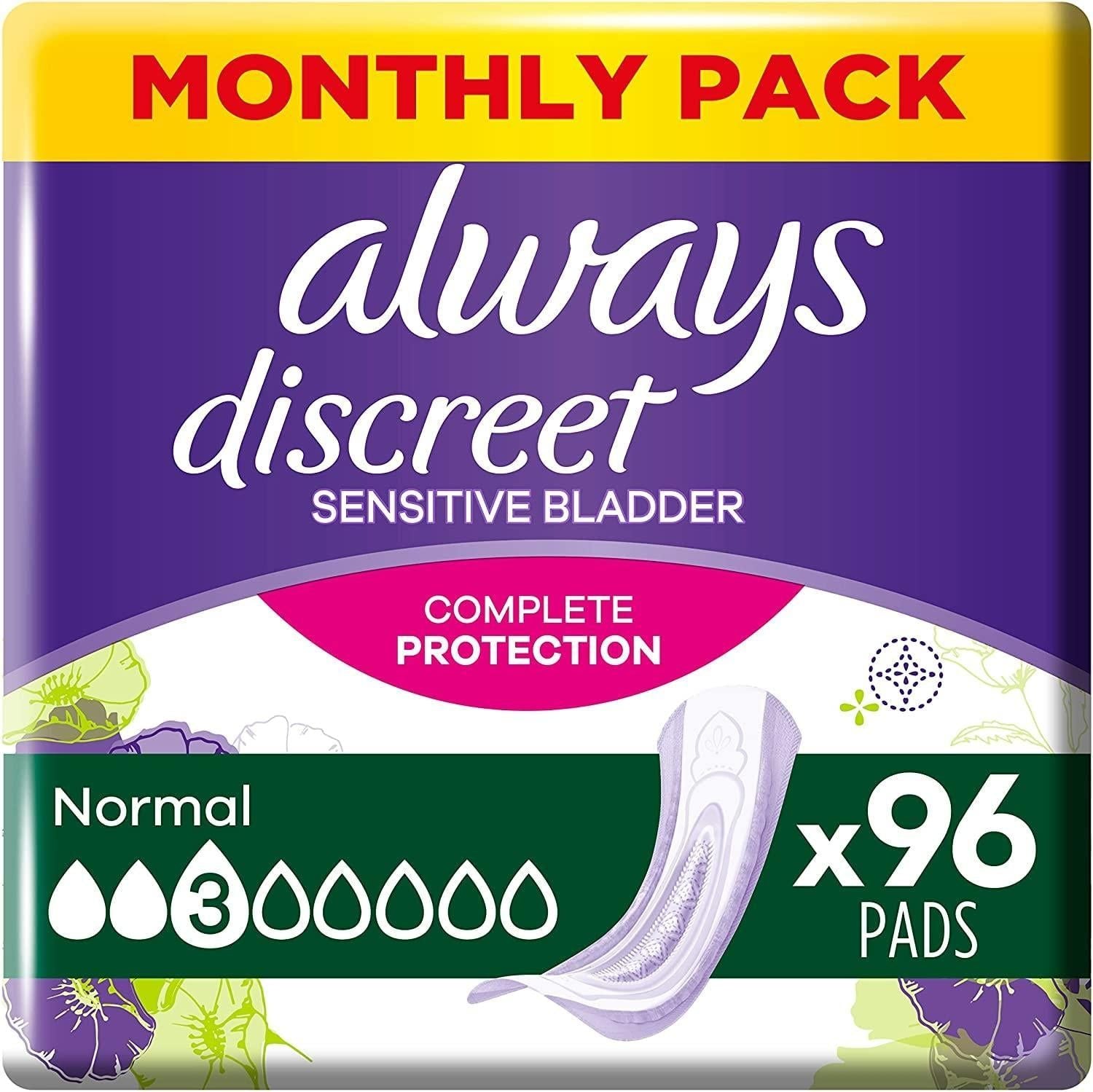 Always Discreet Incontinence Pads Women, Normal, 96 Moderate Absorbency Pads (24 x 4 Packs), Odour Neutraliser, SAVING PACK, for Sensitive Bladder -   Tena EasyMeds Pharmacy