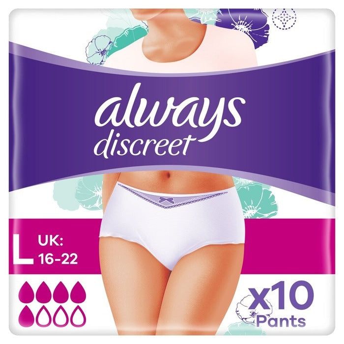 Always Discreet Incontinence Pants Large Normal x 10 Pants Size 16-22 -   Always EasyMeds Pharmacy