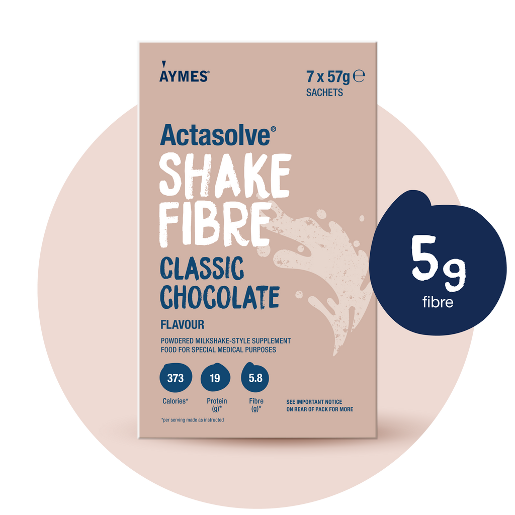 AYMES Shake Fibre Classic Chocolate high protein nutrition shake powder 7x57g sachets on white background