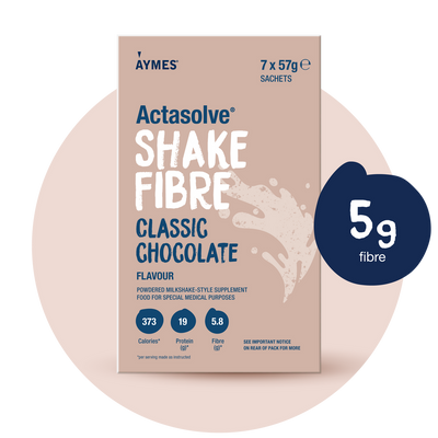 AYMES Shake Fibre Classic Chocolate high protein nutrition shake powder 7x57g sachets on white background