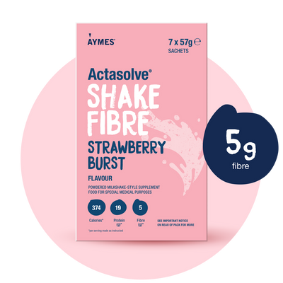 AYMES Shake Fibre Strawberry Burst high protein nutrition shake powder 7x57g sachets on white background