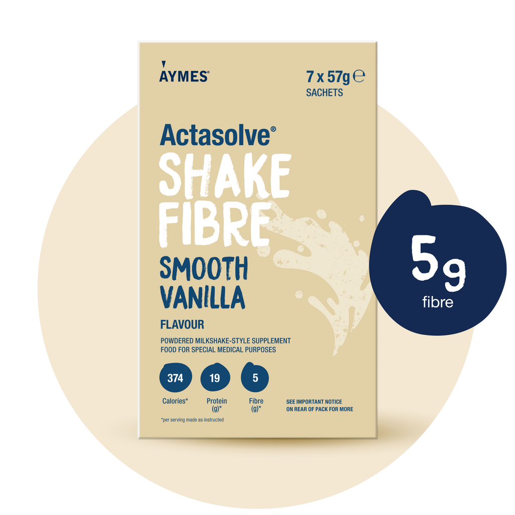 AYMES Shake Fibre Smooth Vanilla high protein nutrition shake powder 7x57g sachets on white background