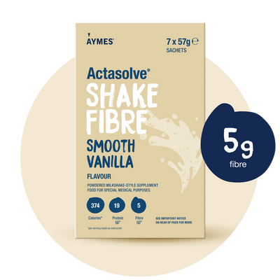 AYMES Shake Fibre Smooth Vanilla high protein nutrition shake powder 7x57g sachets on white background