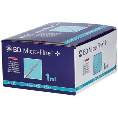 Box of BD Micro-Fine U40 syringes on a white background