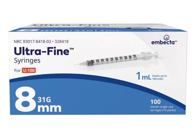 Box of Ultra-Fine Syringes by Embecta on a white background