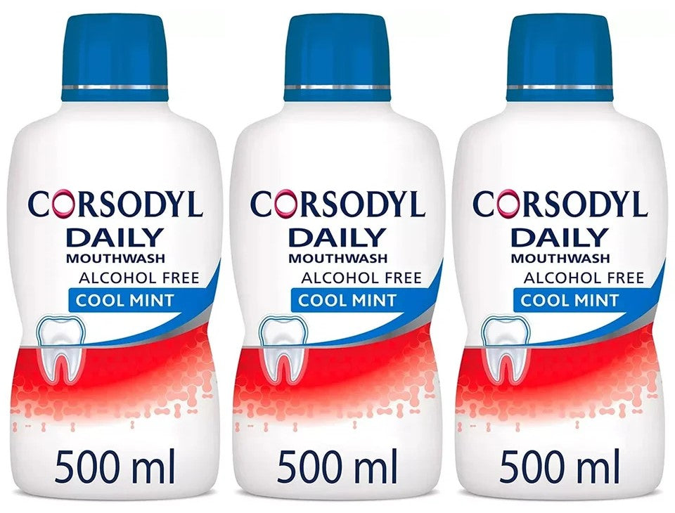 Corsodyl Daily Care Alcohol Free Cool Mint Mouth Wash 500ml - Pack of 3