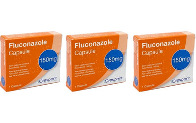 Three boxes of Fluconazole Capsule 150mg by Crescent on a white background