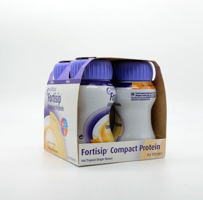 Fortisip Compact Protein packaging with four bottles in a box on a white background