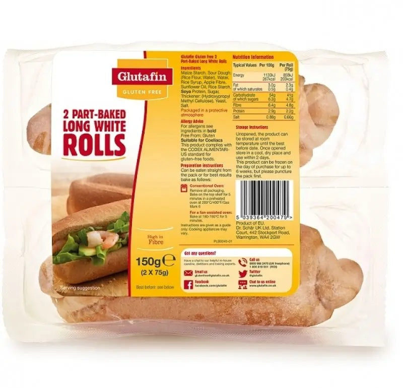 Glutafin Gluten Free Part-Baked 2 Long White Rolls 150g -   Glutafin EasyMeds Pharmacy