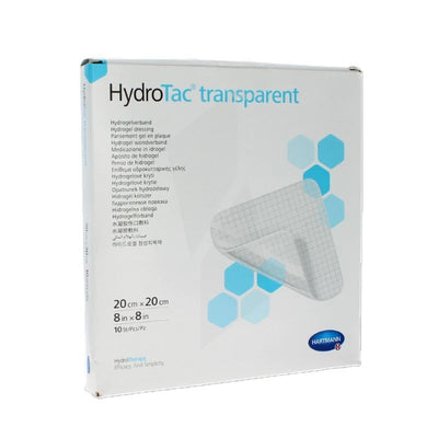 Box of HydroTac transparent adhesive bandage on a white background