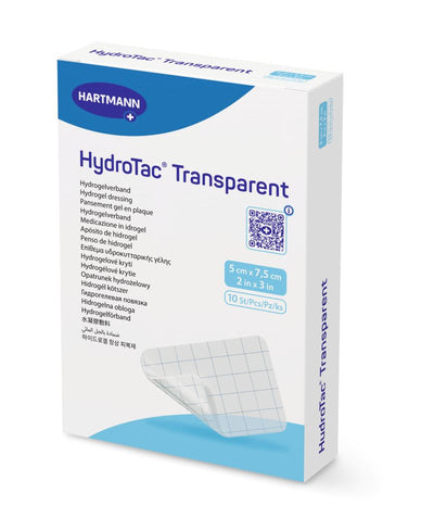 Box of Hartmann HydroTac Transparent medical dressing on a white background