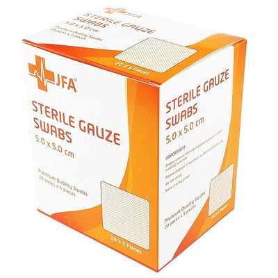 JFA Premium Sterile Gauze Swabs 5cm x 5cm x 100