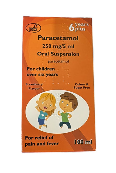 Paracetamol 250mg/5ml Oral Suspension SF Strawberry Flavour 6yrs + 100ml Medley