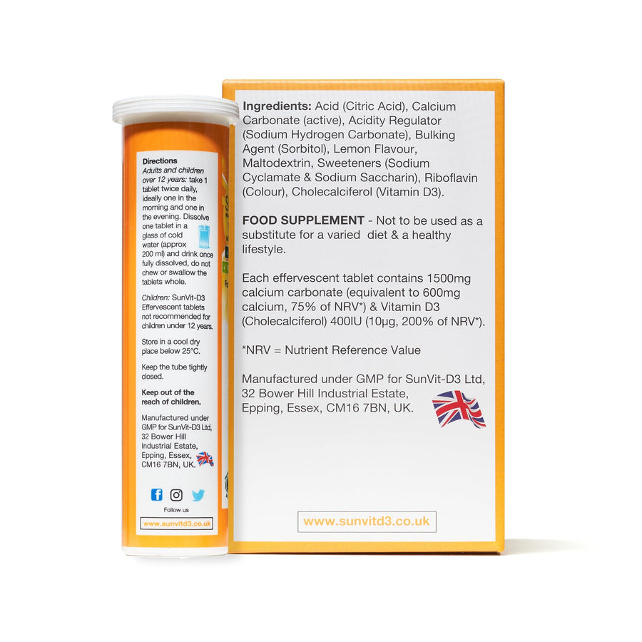 SunVit-D3 calcium carbonate 1500 mg with vitamin D3 400 IU lemon effervescent tablets x 56 - ingredients and directions