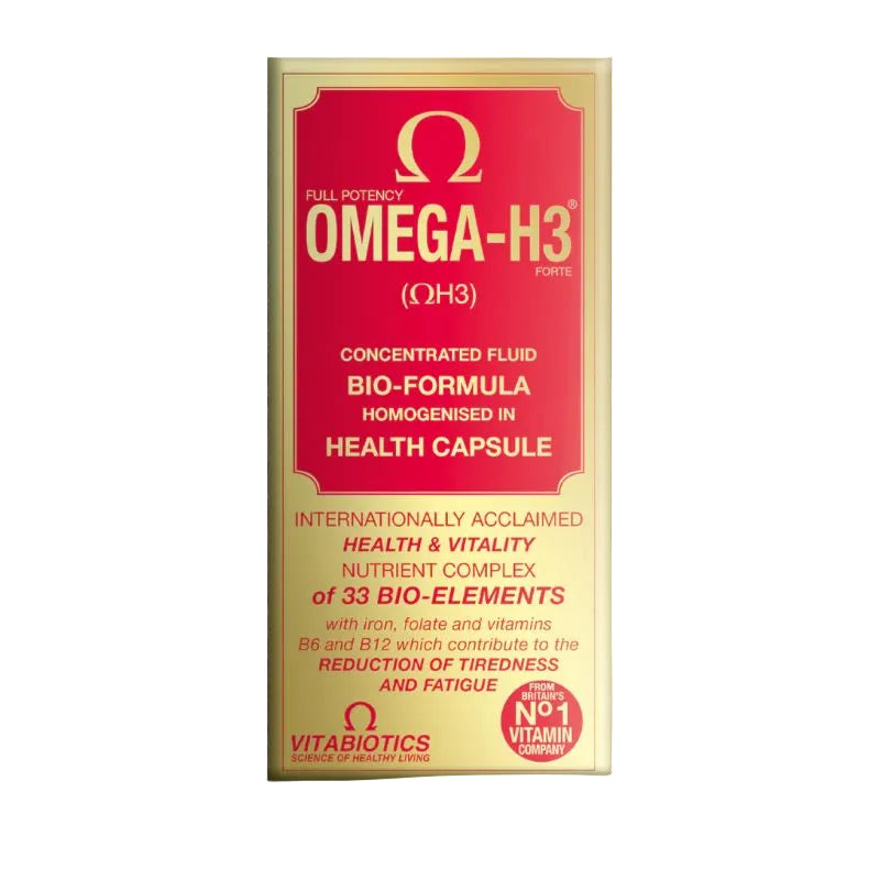 Vitabiotics Omega-H3 supplement packaging on a black background