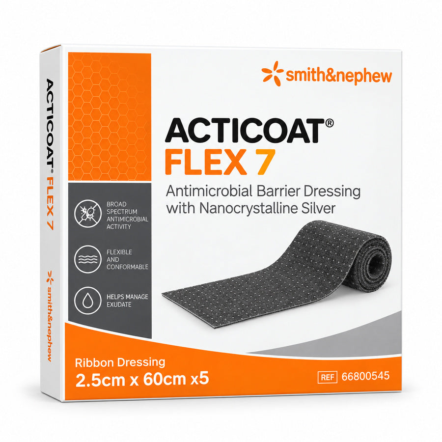 Smith & Nephew ACTICOAT FLEX 7 antimicrobial ribbon dressing 2.5cm x 60cm x5 66800545