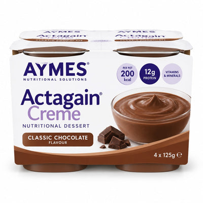 AYMES Actagain Creme Classic Chocolate pack used for 24 x 125g six-pack listing on white background