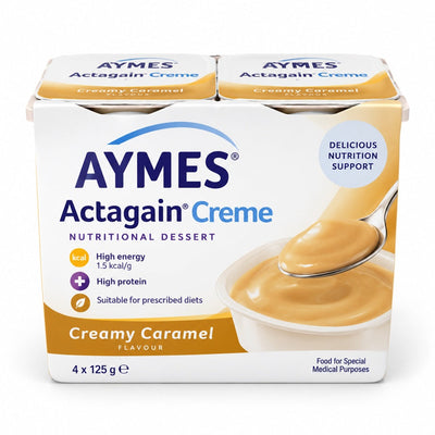 AYMES Actagain Creme Creamy Caramel pack used for 24 x 125g six-pack listing on white background