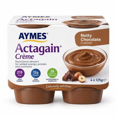 AYMES Actagain Creme Nutty Chocolate pack used for 24 x 125g six-pack listing on white background