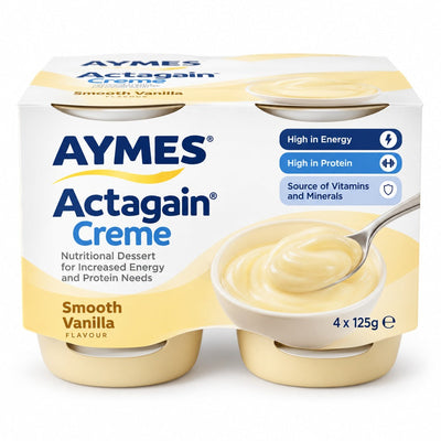 AYMES Actagain Creme Smooth Vanilla pack used for 24 x 125g six-pack listing on white background
