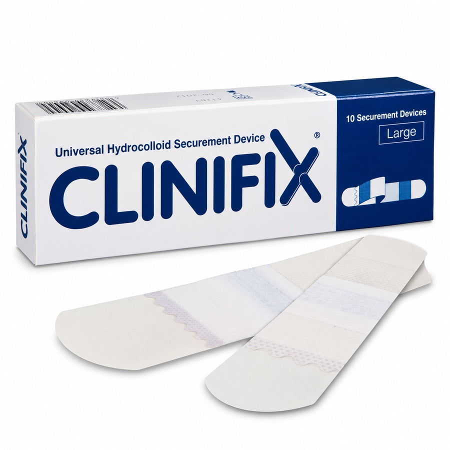 CliniFix large hydrocolloid securement device, 10 pack, illustrative product presentation