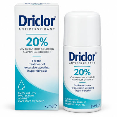 Driclor 20% antiperspirant roll-on 75ml with carton on white background
